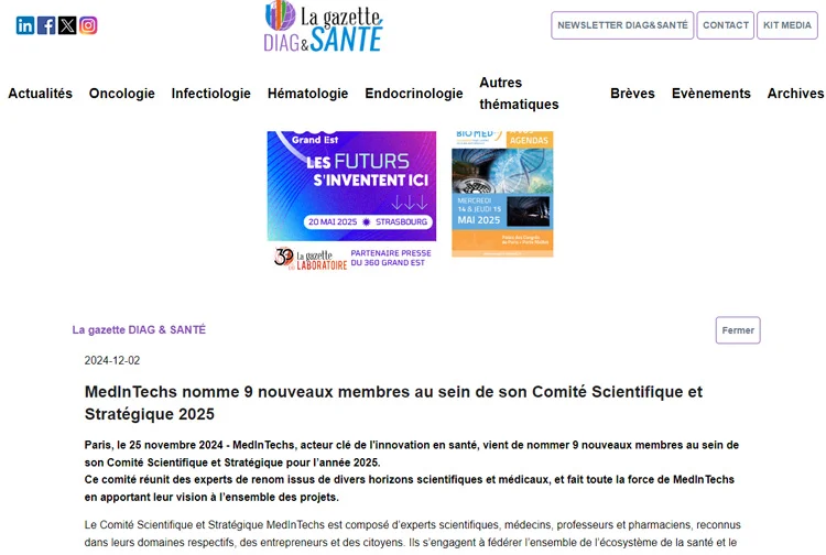 MedInTechs nomme 9 nouveaux membres au sein de son Comité Scientifique et Stratégique 2025